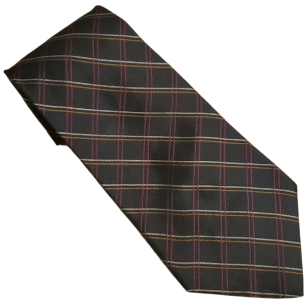 Polo Ralph Lauren Black Striped Plaid 100% Silk Made by Hand Tie